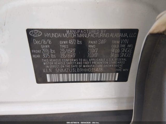 2017 HYUNDAI SANTA FE SPORT 2.4L 9