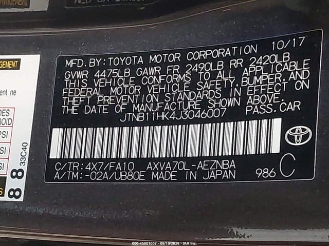 2018 TOYOTA CAMRY LE 9