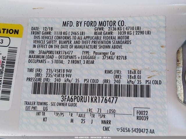 2019 FORD FUSION HYBRID TITANIUM 9