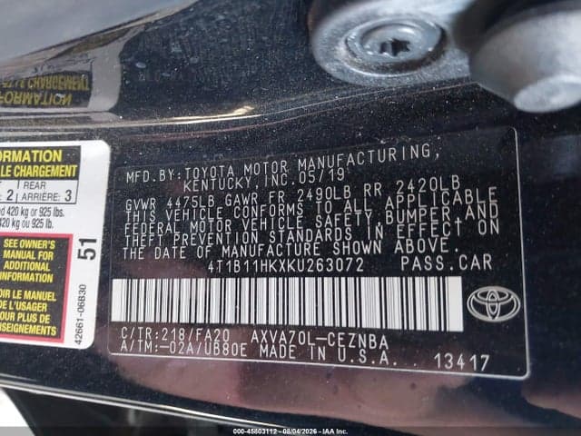 2019 TOYOTA CAMRY LE 9