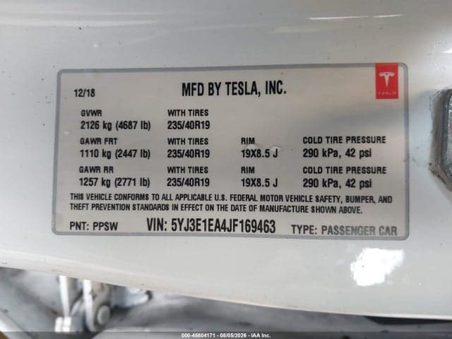 2018 TESLA MODEL 3 LONG RANGE/MID RANGE 9