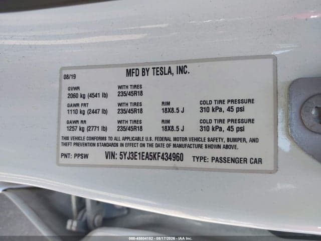 2019 TESLA MODEL 3 LONG RANGE/MID RANGE/STANDARD RANGE/STANDARD RANGE PLUS 9