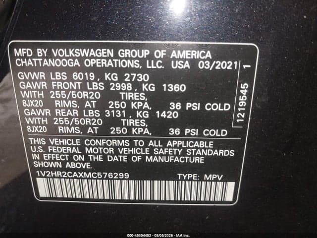 2021 VOLKSWAGEN ATLAS 3.6L V6 SE W/TECHNOLOGY 9