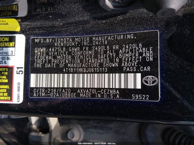 2018 TOYOTA CAMRY LE 9