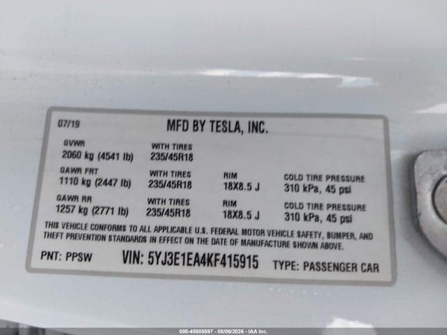 2019 TESLA MODEL 3 LONG RANGE/MID RANGE/STANDARD RANGE/STANDARD RANGE PLUS 9