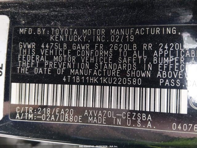 2019 TOYOTA CAMRY SE 9