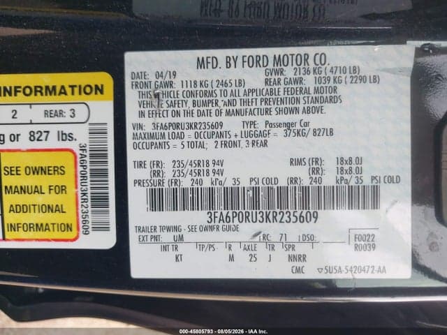 2019 FORD FUSION HYBRID TITANIUM 9