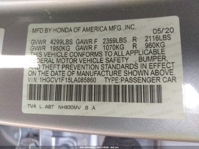 2020 HONDA ACCORD LX 9