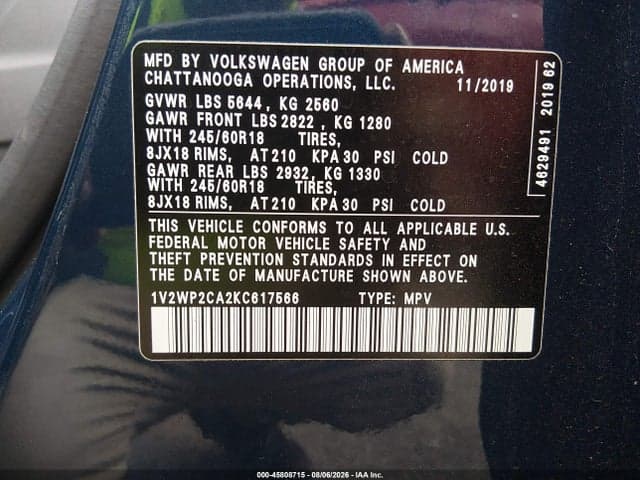2019 VOLKSWAGEN ATLAS 2.0T SE W/TECHNOLOGY 9