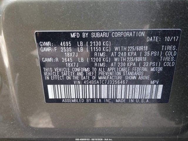 2018 SUBARU OUTBACK 2.5I TOURING 9