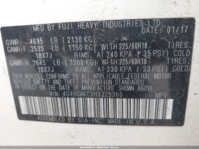 2017 SUBARU OUTBACK 2.5I LIMITED 9