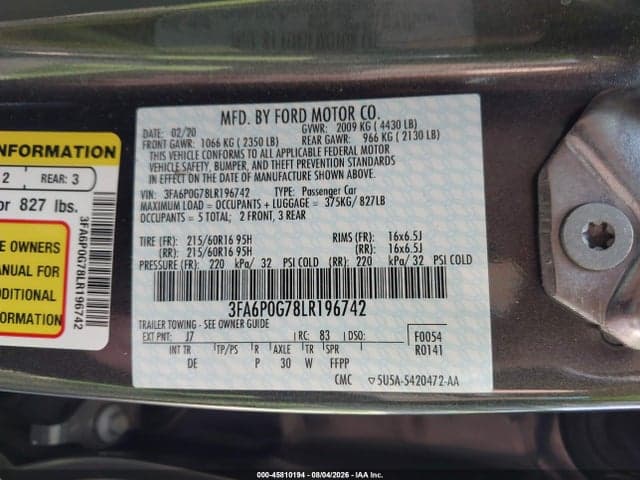 2020 FORD FUSION S 9