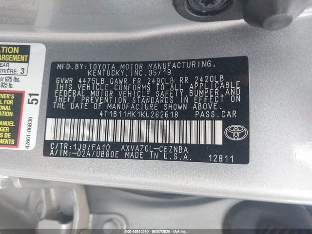2019 TOYOTA CAMRY LE 9