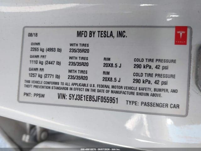2018 TESLA MODEL 3 LONG RANGE/PERFORMANCE 9