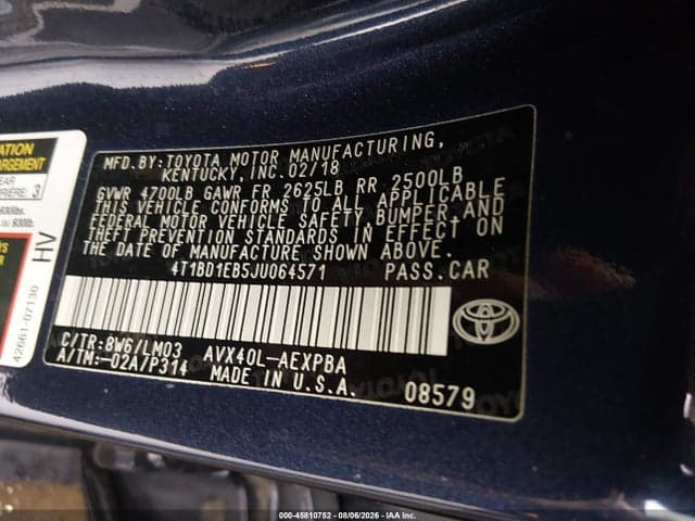 2018 TOYOTA AVALON HYBRID LIMITED 9
