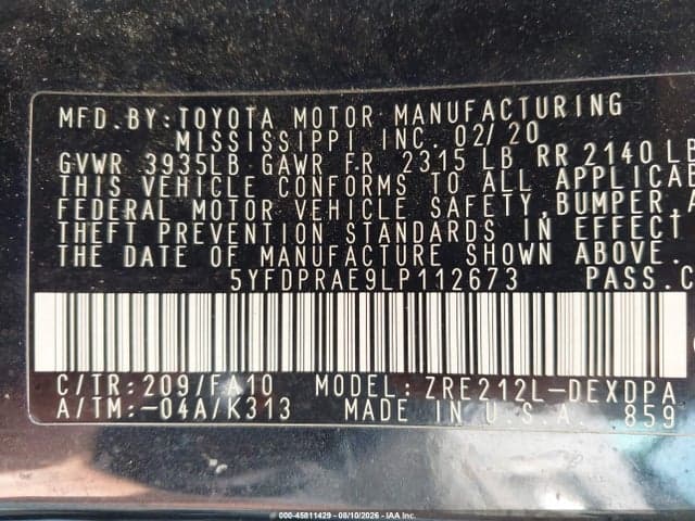 2020 TOYOTA COROLLA L 9