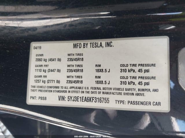 2019 TESLA MODEL 3 LONG RANGE/MID RANGE/STANDARD RANGE/STANDARD RANGE PLUS 9