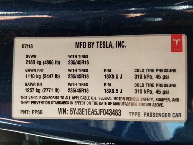 2018 TESLA MODEL 3 LONG RANGE/MID RANGE 9