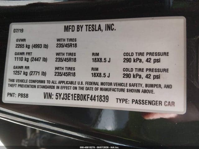 2019 TESLA MODEL 3 LONG RANGE/PERFORMANCE 9