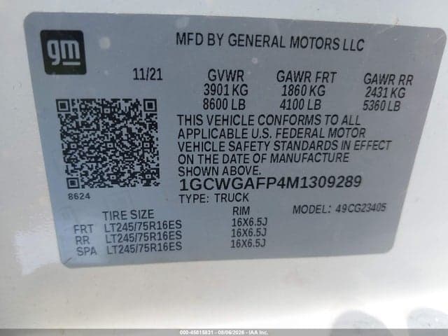 2021 CHEVROLET EXPRESS CARGO RWD 2500 REGULAR WHEELBASE WT 9