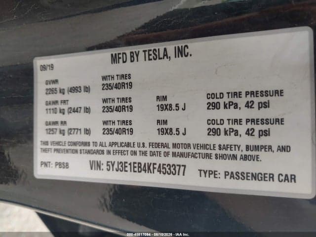 2019 TESLA MODEL 3 LONG RANGE/PERFORMANCE 9
