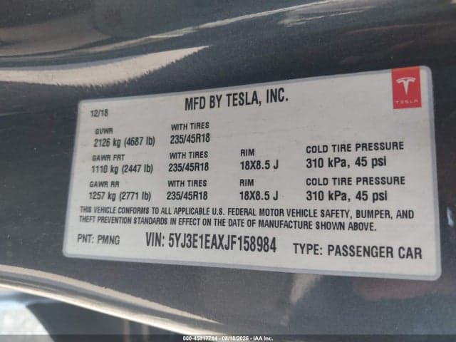 2018 TESLA MODEL 3 LONG RANGE/MID RANGE 9