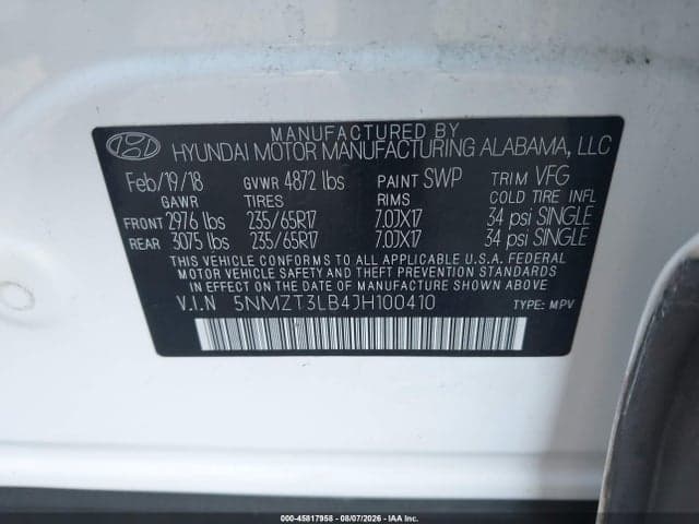 2018 HYUNDAI SANTA FE SPORT 2.4L 9