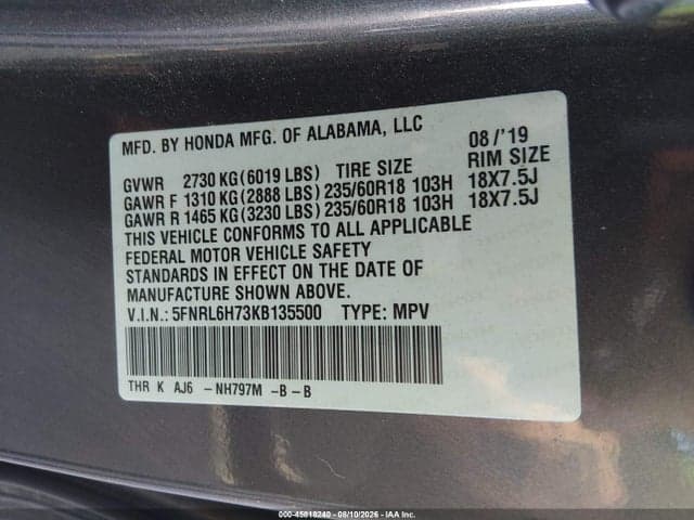 2019 HONDA ODYSSEY EX-L 9