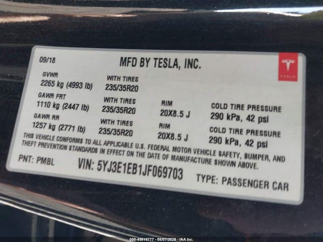2018 TESLA MODEL 3 LONG RANGE/PERFORMANCE 9