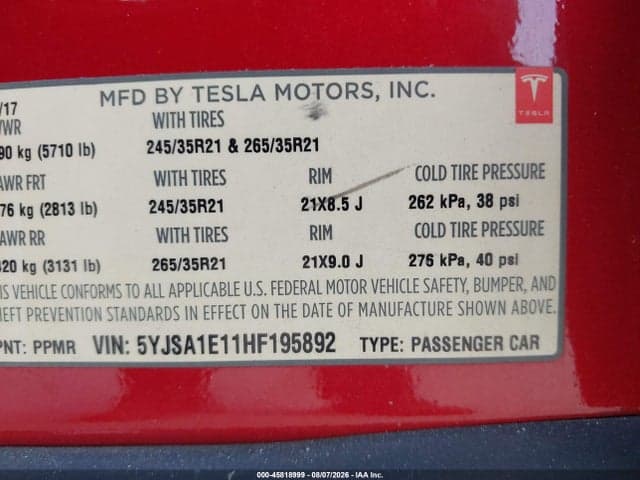 2017 TESLA MODEL S 60/75 9