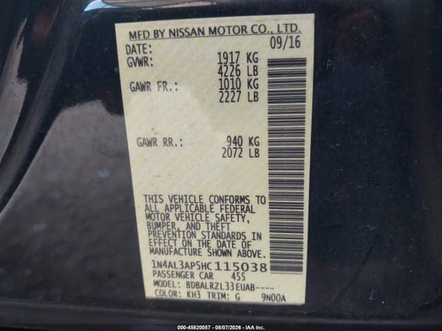 2017 NISSAN ALTIMA 2.5/2.5 S/2.5 SL/2.5 SR/2.5 SV 9