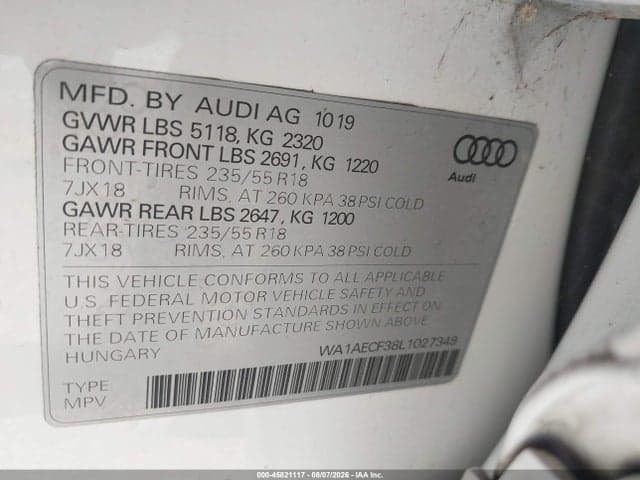 2020 AUDI Q3 PREMIUM 45 TFSI QUATTRO TIPTRONIC 9