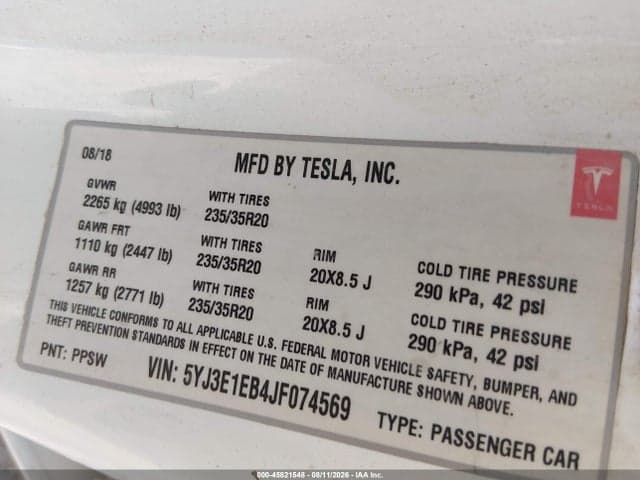 2018 TESLA MODEL 3 LONG RANGE/PERFORMANCE 9