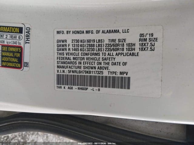 2019 HONDA ODYSSEY EX-L 9