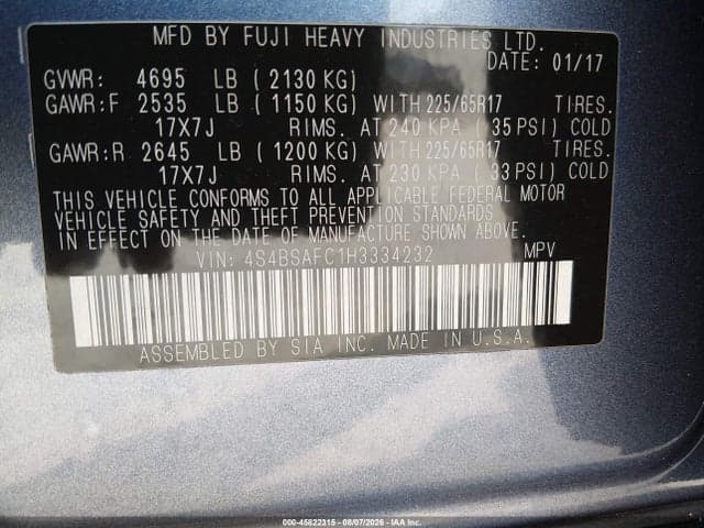 2017 SUBARU OUTBACK 2.5I PREMIUM 9