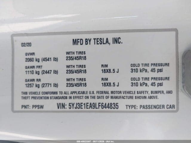 2020 TESLA MODEL 3 STANDARD RANGE PLUS REAR-WHEEL DRIVE/STANDARD RANGE REAR-WHEEL DRIVE 9