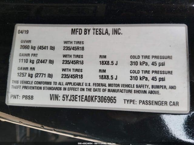 2019 TESLA MODEL 3 LONG RANGE/MID RANGE/STANDARD RANGE/STANDARD RANGE PLUS 9
