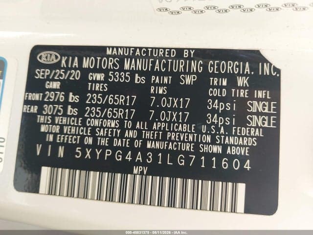 2020 KIA SORENTO 2.4L L 9
