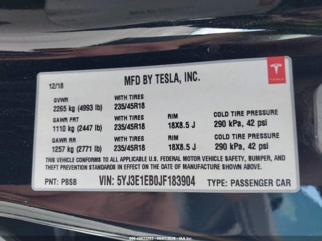 2018 TESLA MODEL 3 LONG RANGE/PERFORMANCE 9