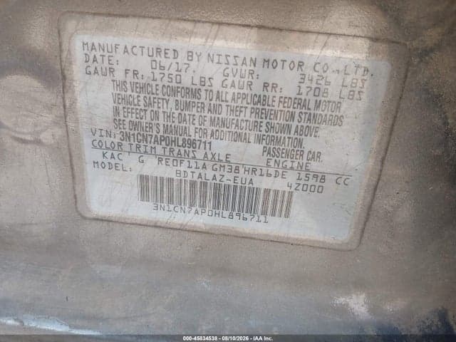 2017 NISSAN VERSA 1.6 S+ 9
