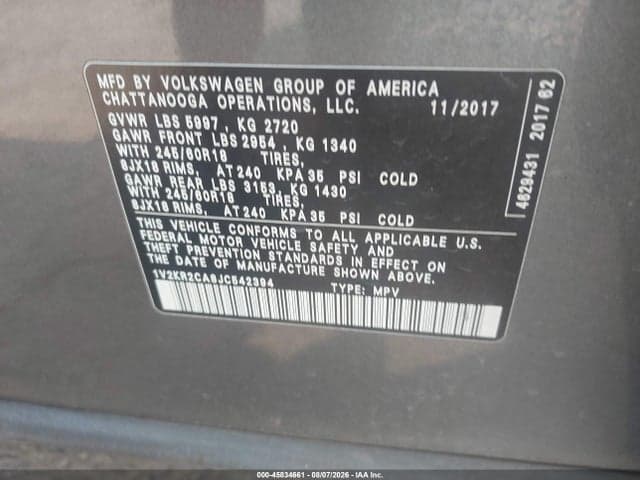 2018 VOLKSWAGEN ATLAS 3.6L V6 SE 9