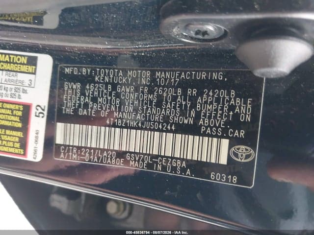 2018 TOYOTA CAMRY XLE V6 9