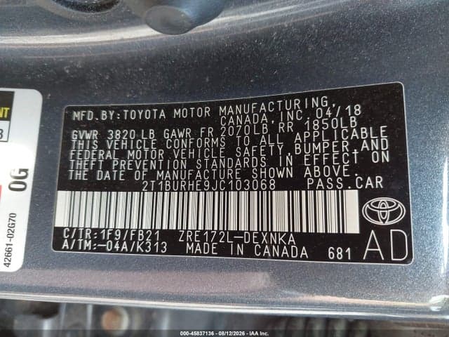 2018 TOYOTA COROLLA LE 8