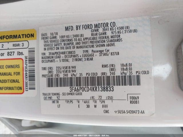 2019 FORD FUSION SEL 9