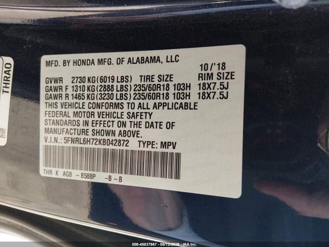 2019 HONDA ODYSSEY EX-L 9