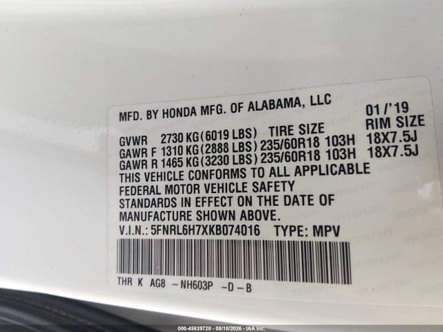 2019 HONDA ODYSSEY EX-L 9