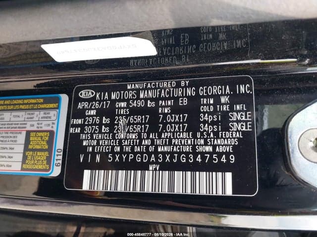 2018 KIA SORENTO 2.4L LX 9