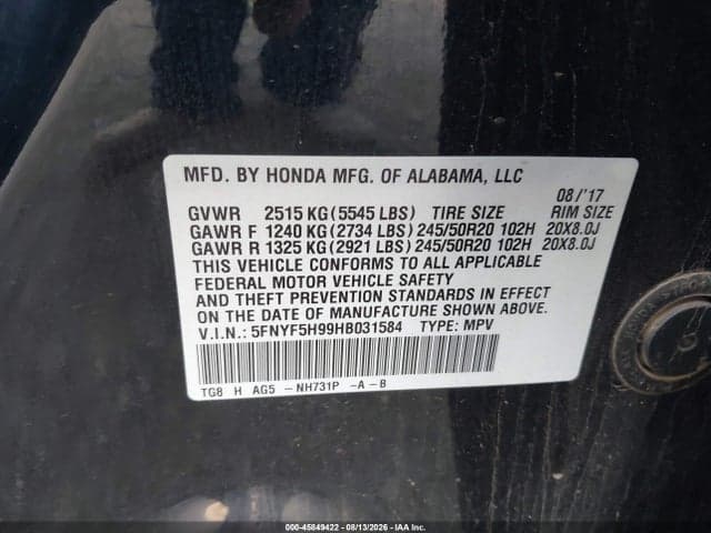 2017 HONDA PILOT TOURING 9