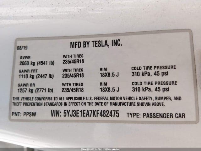2019 TESLA MODEL 3 LONG RANGE/MID RANGE/STANDARD RANGE/STANDARD RANGE PLUS 9