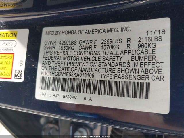 2019 HONDA ACCORD EX-L 9